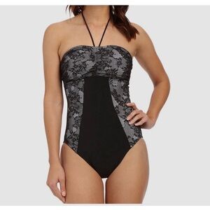 MAGICSUIT by MIRACLESUIT Nora Black Lace Overlay Halter One Piece Swimsuit Black